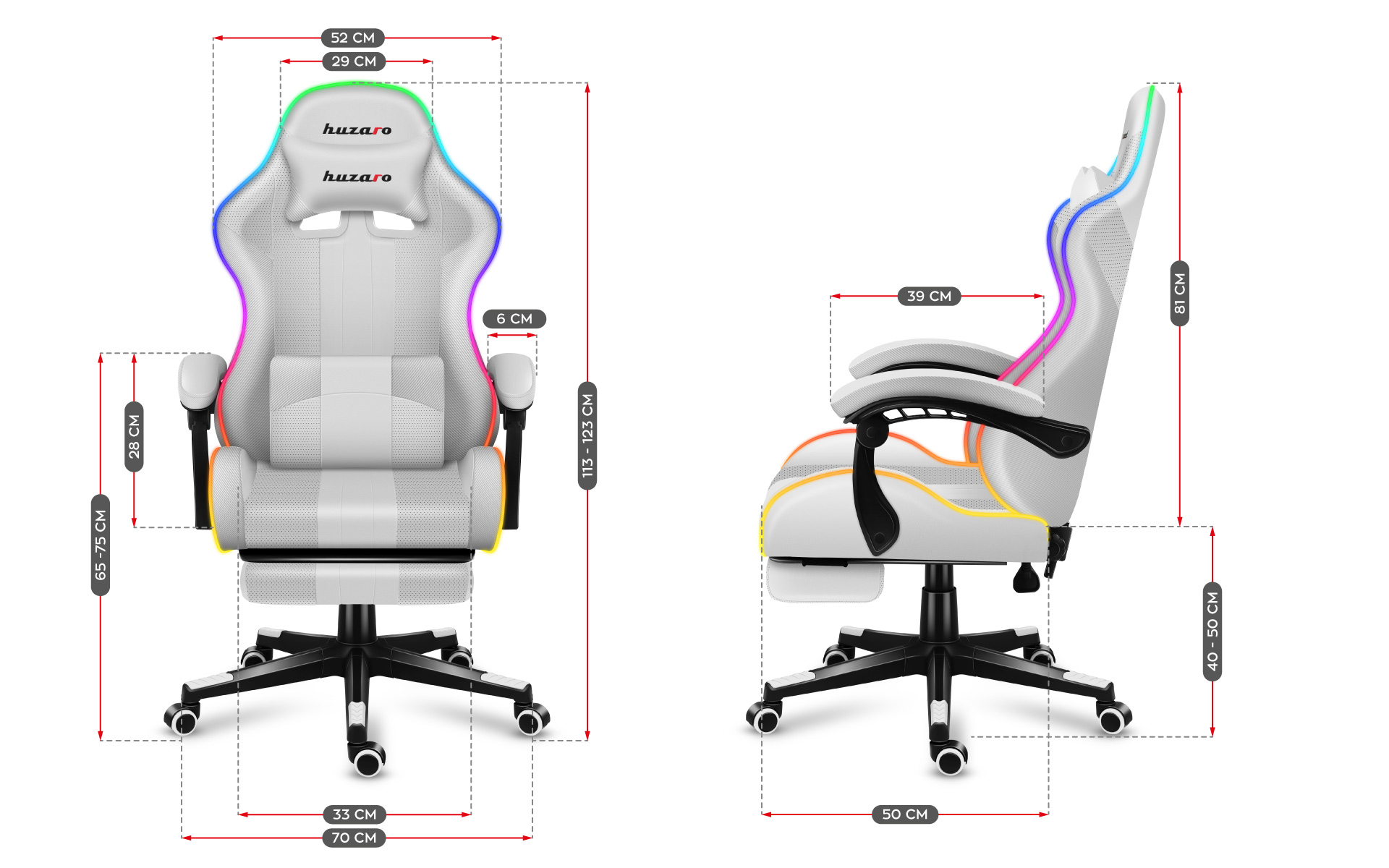 Wymiary fotela Huzaro Force 4.7 White RGB