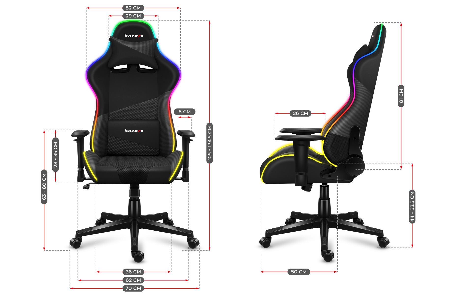 Wymiary fotela Huzaro Force 6.2 Mesh RGB