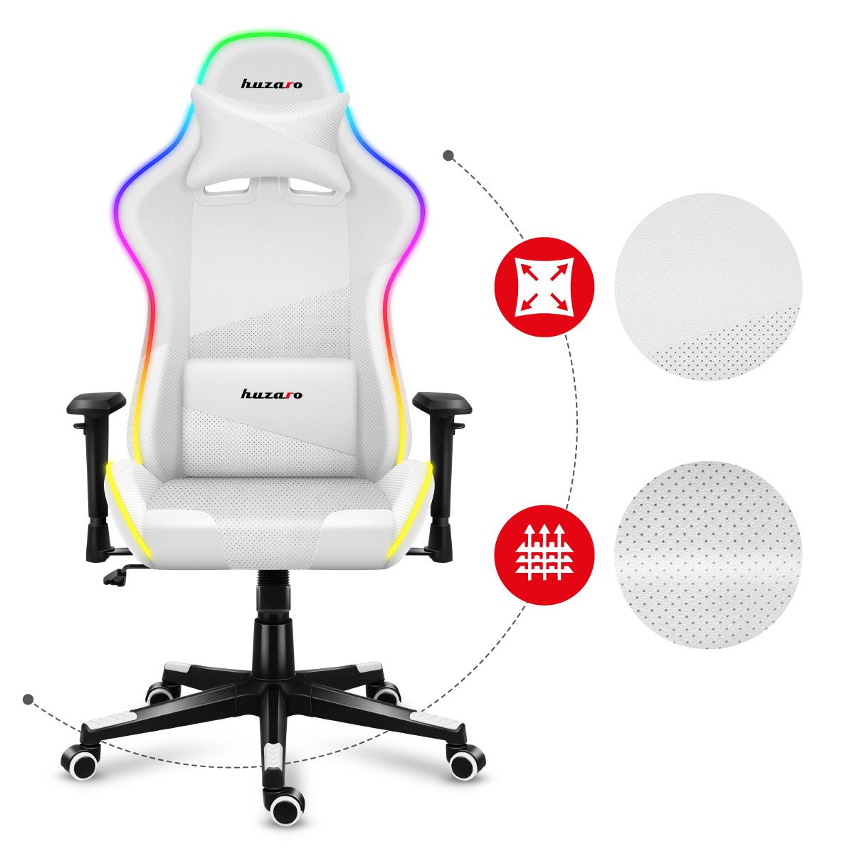 Fotel dla gracza Huzaro Force 6.2 White RGB LED pianka Thermo-Elastic