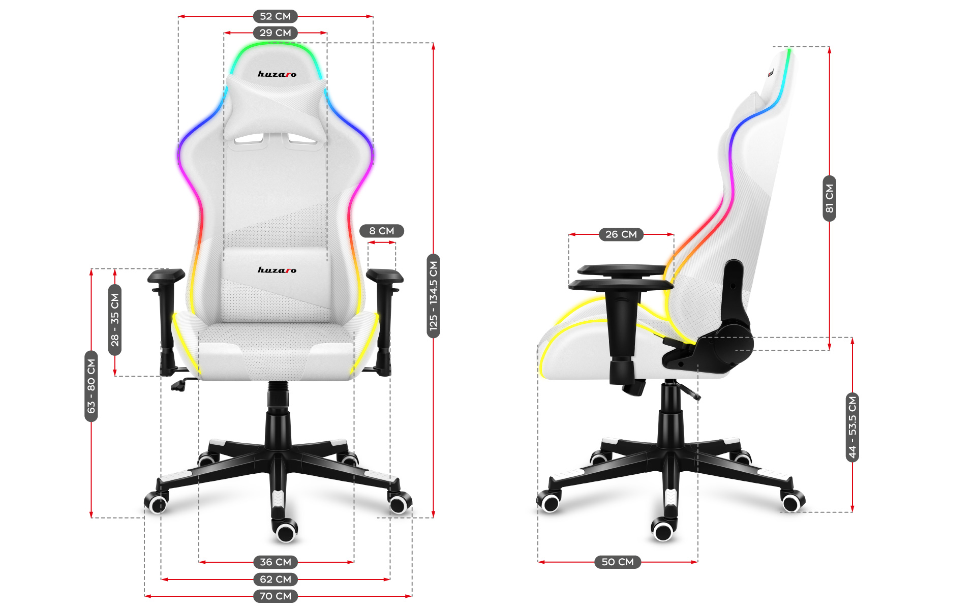 Wymiary fotela Huzaro Force 6.2 White RGB