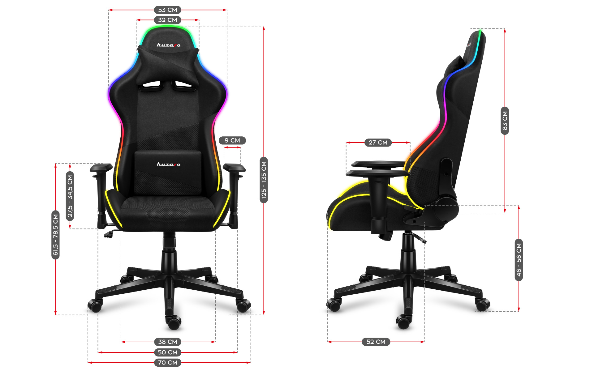 Wymiary fotela Huzaro Force 6.3 Mesh RGB